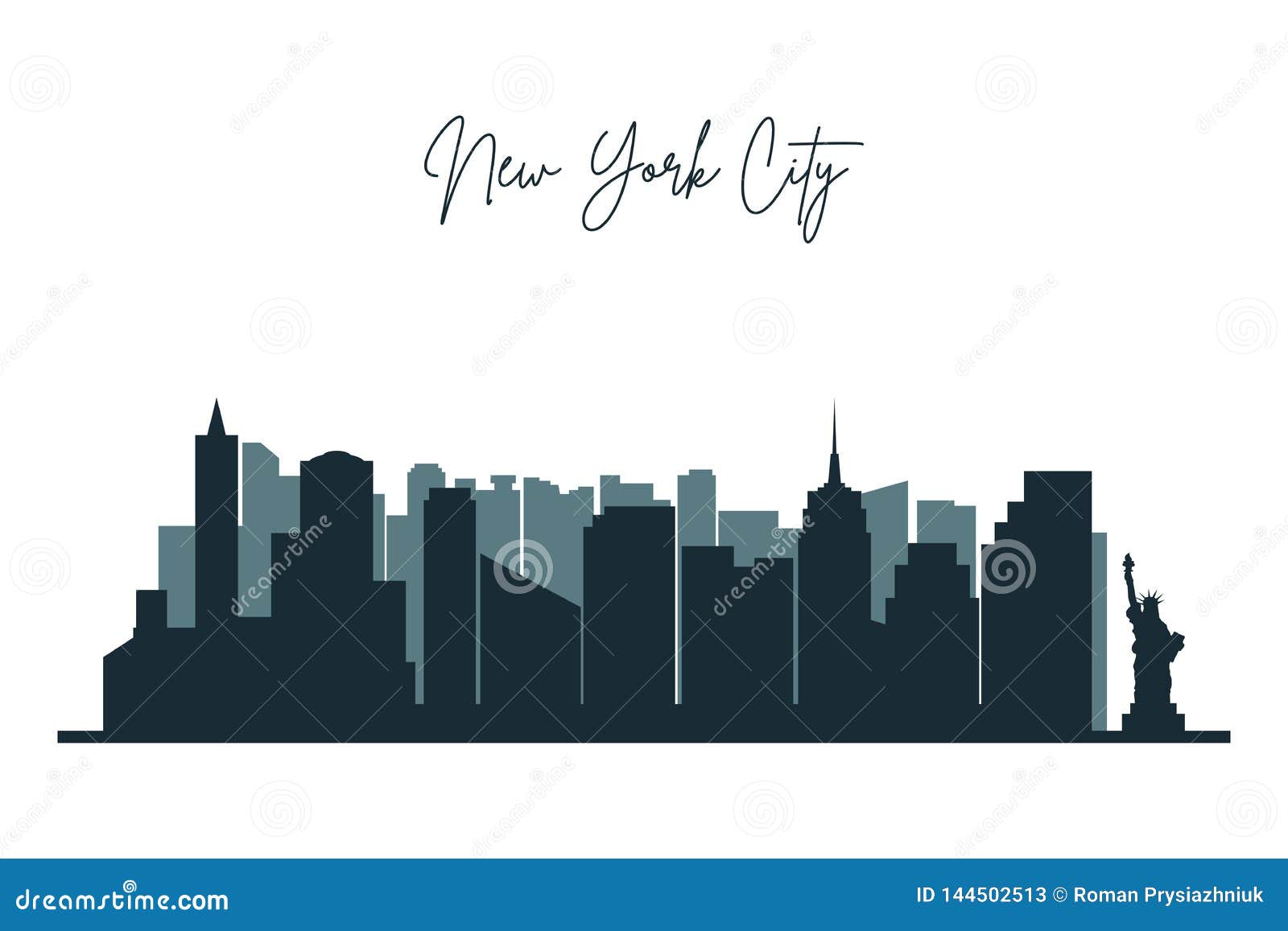silhouette of new york city. nyc urban skyline with skyscrapers, buildings and liberty statue.
